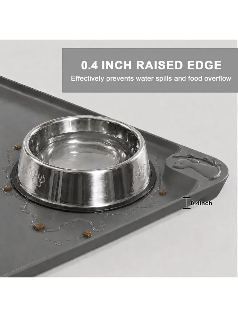 Premium Waterproof Pet Feeding Mat - 24''x16'' Non-Slip, Raised Edge Gray